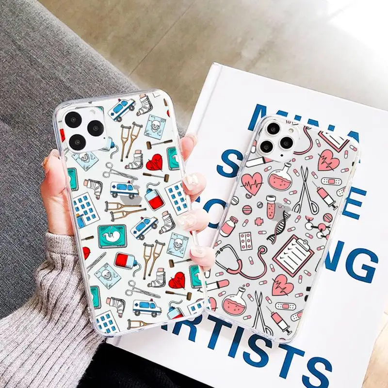 

Medicine Doctor Nurse cartoon Phone Case Transparent for iPhone 7 8 11 12 13 mini pro X XS XR MAX Plus