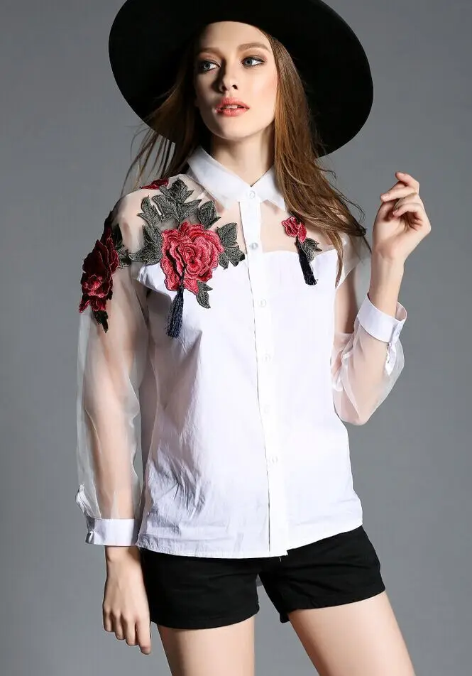 

Long Sleeve Organza Shirt New Womens Blouse Embroidery Floral Fashion Party 2020 Hot Sale Sexy Personality All-Match