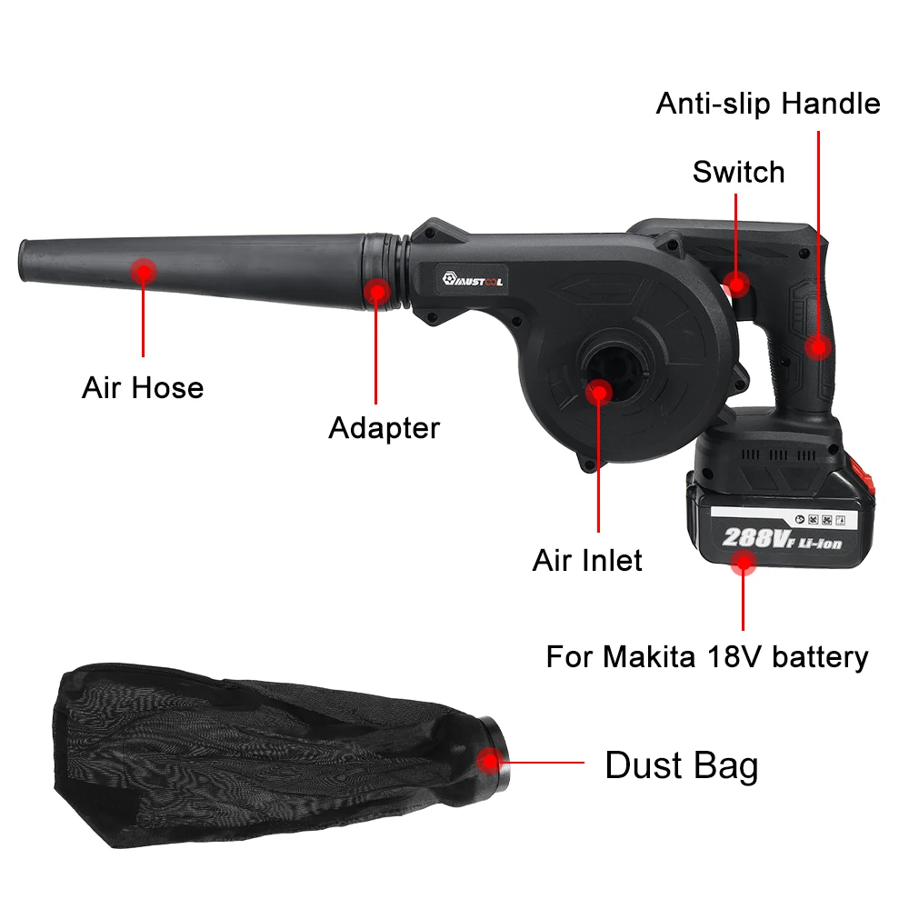 Soplador de aire eléctrico inalámbrico 2 en 1, 880W, aspirador de Cleannig, soplado y succión de polvo de hojas para batería Makita de 18V