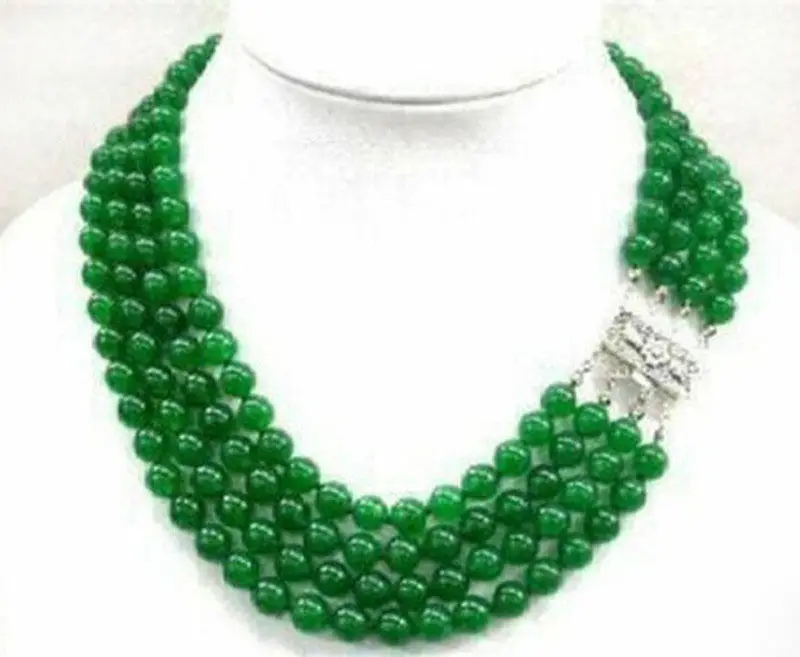 

Beautiful 4 Rows 8mm Natural Green Jade Round Gem stone Beads Necklace 17-20" AAA