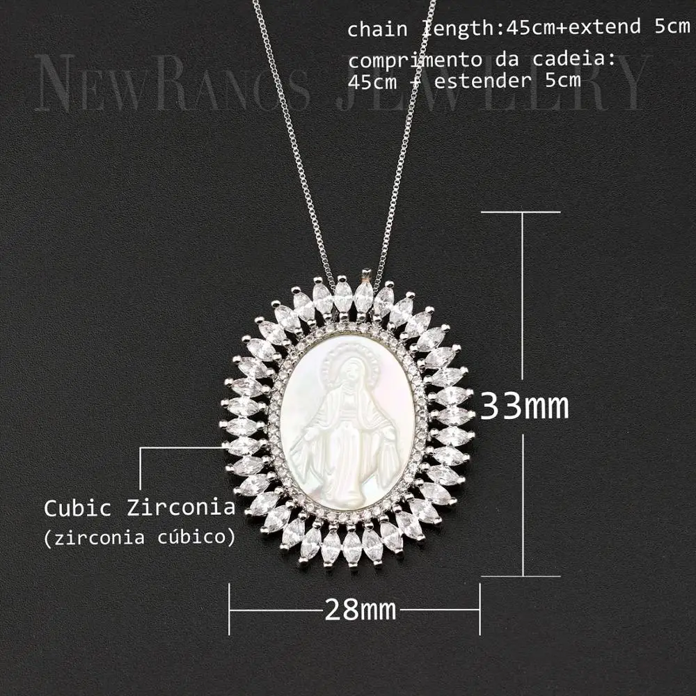 Ожерелье с кулоном Девы Марии из белых Цирконий жемчугом в виде раковины для
