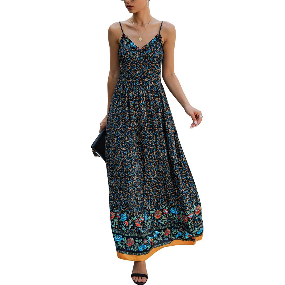 

V Neck Spaghetti Strap Women Print Maxi dress Ruffles Boho Long Dresses Summer Beach Plus Size
