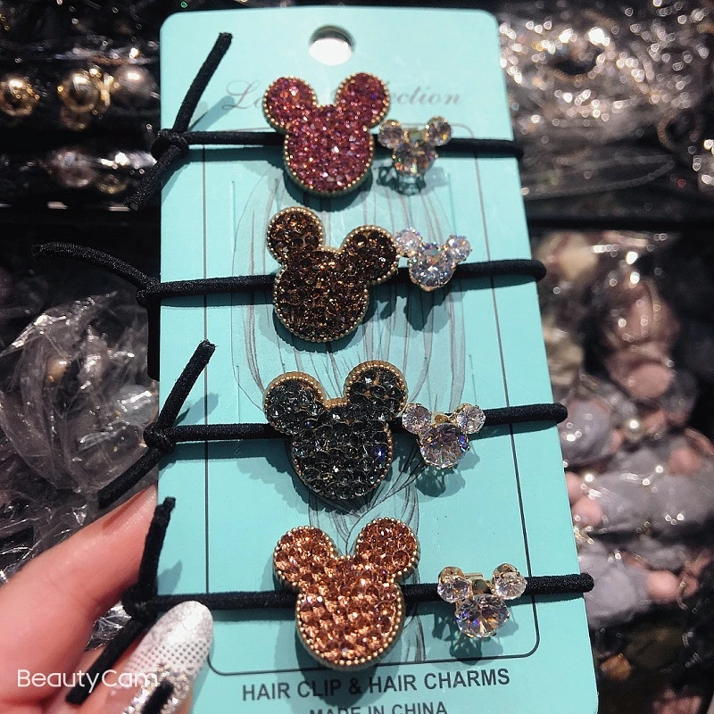 Disney Mickey Head Rope Korean Luxury High Quality Rhinestone Crystal Rubber Band Hair Tie Fairy Ring Doll Accessories Girl |