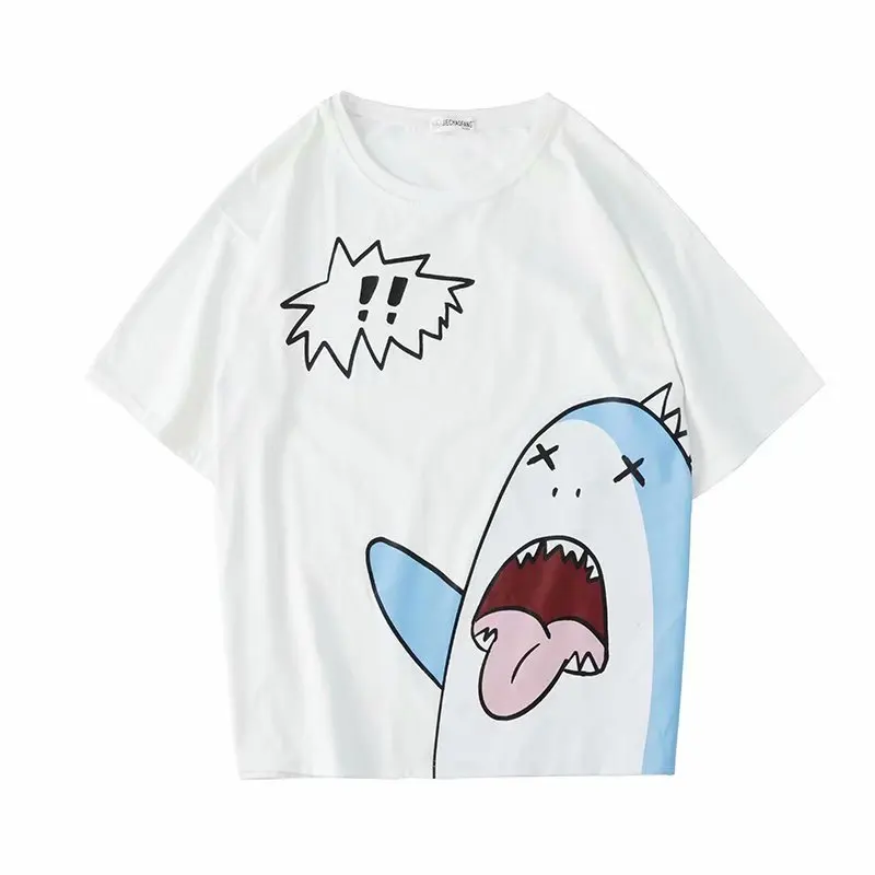 

Tide brand loose round neck short-sleeved T-shirt men's summer trend new cartoon print top five-point sleeve men's