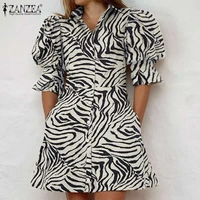 fashion women shirt dress zanzea 2021 summer zebra print office lady mini vestido casual puff sleeve a line sundress