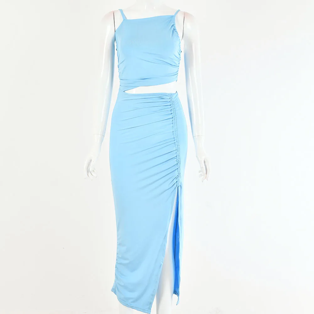 

2020 Summer Women Sexy Split Spaghetti Strap Bodycon Dress Slash Neck Hollow Out Ruched Bandage Midi Dress Club Party Clothes