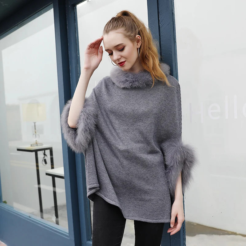 Накидка-пончо из натуральной шерсти зимний теплый вязаный свитер с отделкой