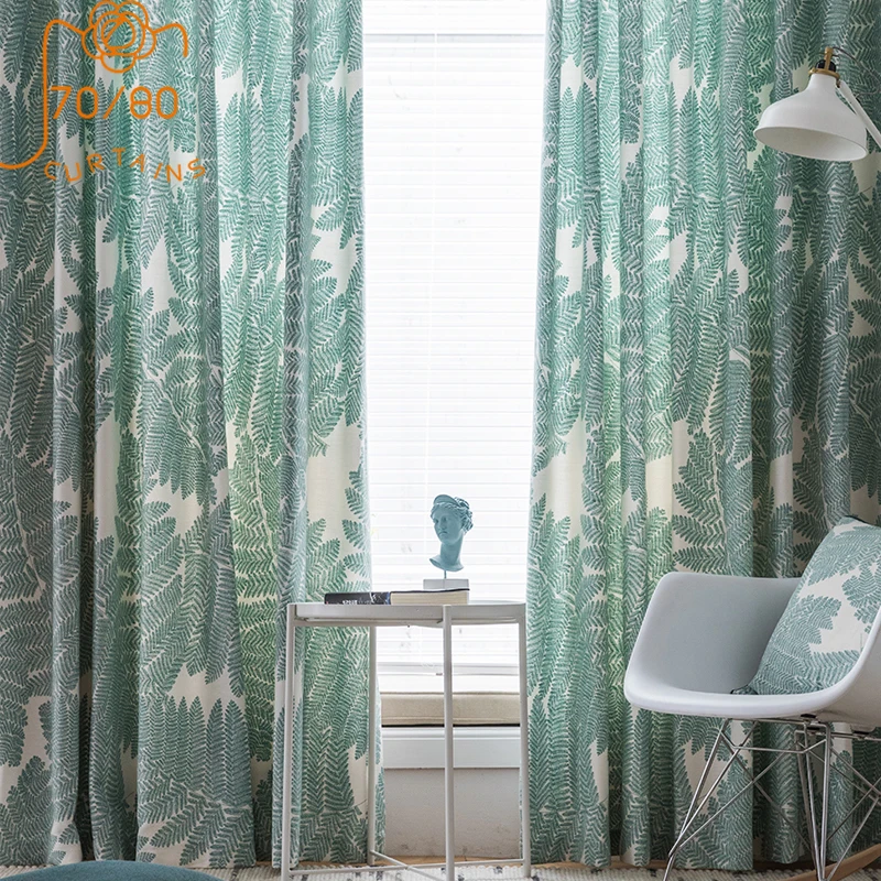 New Nordic Simple Green Plant Printing Splicing Curtains for Living Room and Bedroom Customized Products