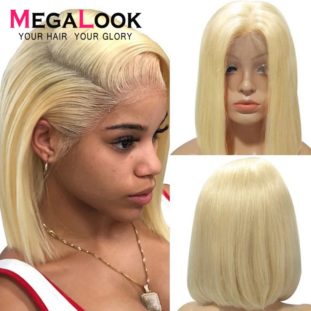 Прямой парик фронта шнурка блонд Боб Humain волосы Megalook Remy Hair13X4 короткие парики из