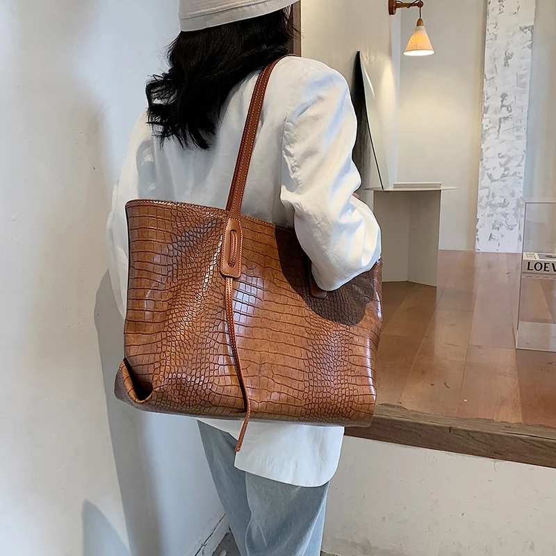 

Stone Pattern High Capacity PU Leather Shoulder Bags For Lady 2021 Elegant Handbags Women Travel Totes Lady Fashion