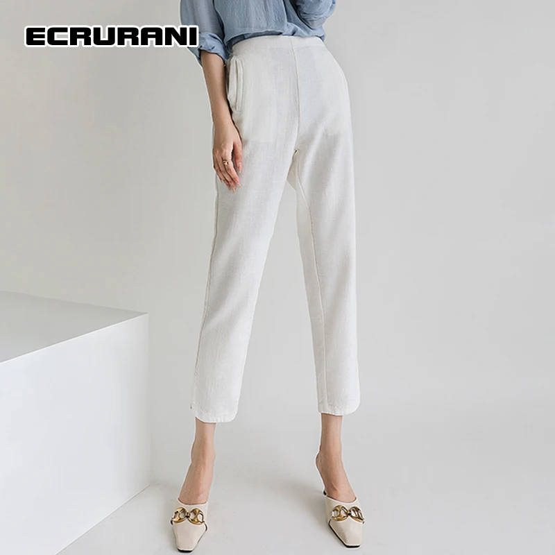 

ECRURANI White Casual Full Length Pants For Women Elastic Waist Solid Minimalist Trousers Female 2021 Autumn Fashion New Clothes