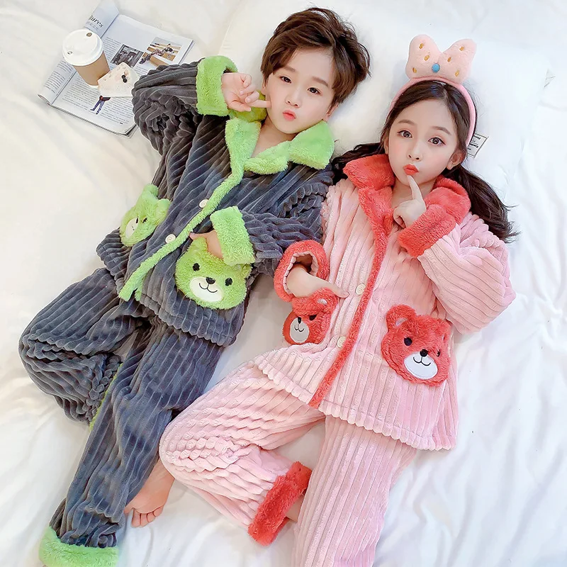 

Boys Pajama Winter Thicken Warm Girls Sleepwear Home Wear Green Splicing Girls Sets Flannel Cute Childrens Pyjamas Fleece Outfit
