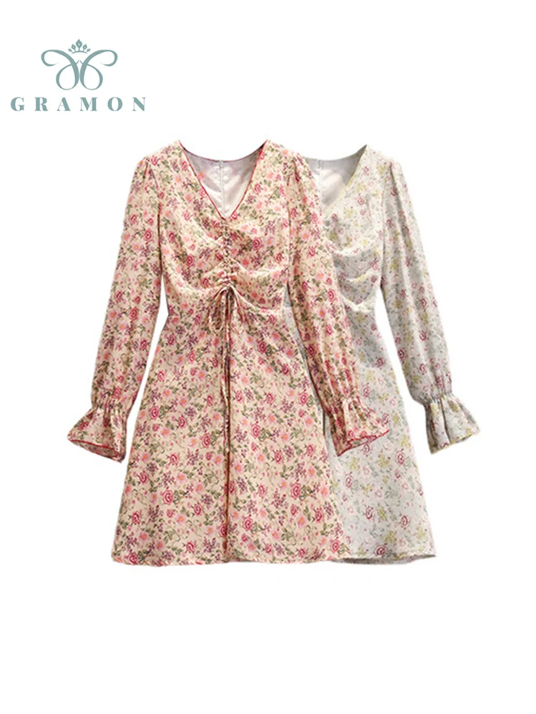 

2022 Elegant V Neck Dress Women Spring Prairie Chic Plus Size Floral Print Folds Long Sleeve Chiffon A Line Midi Dresses Ladies