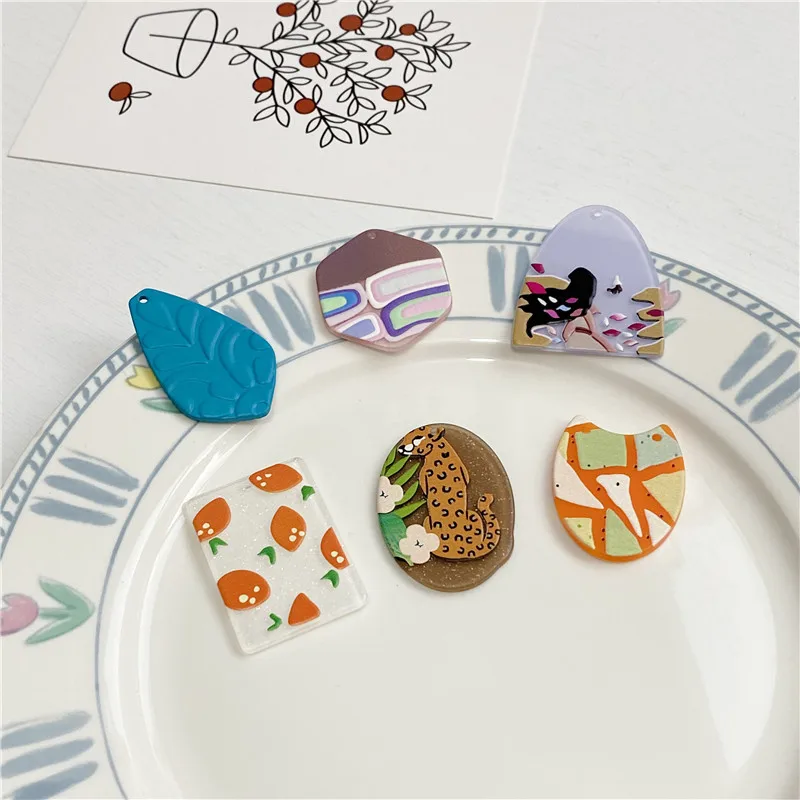 

New arrived 30pcs/lot Relief color pattern print geometry ovals/rectangle shape acrylic beads diy jewelry earring accessory