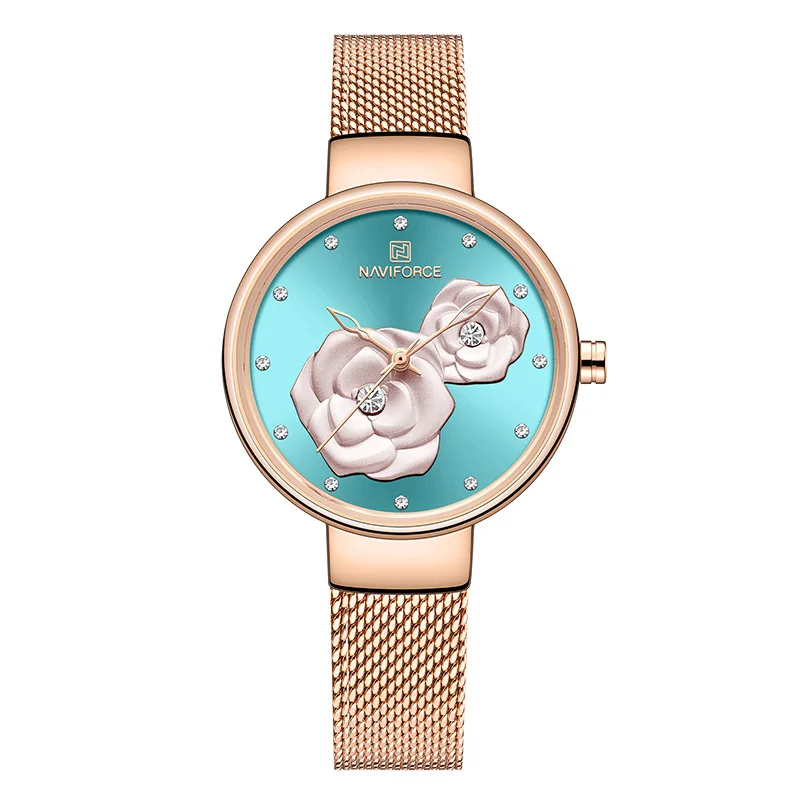 Rose Gold Green NAVIFORCE, новые часы для женщин, роскошный бренд, креативный дизайн, стальная сетка, женские часы, женские часы, Relogio Feminino Montre Femme - Цвет: Rose Gold Green