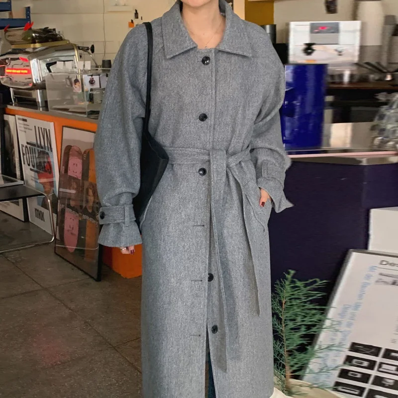 

Женское твидовое пальто, элегантное твидовое пальто в Корейском стиле с отложным воротником и двумя карманами, на шнуровке, с длинным рукав...