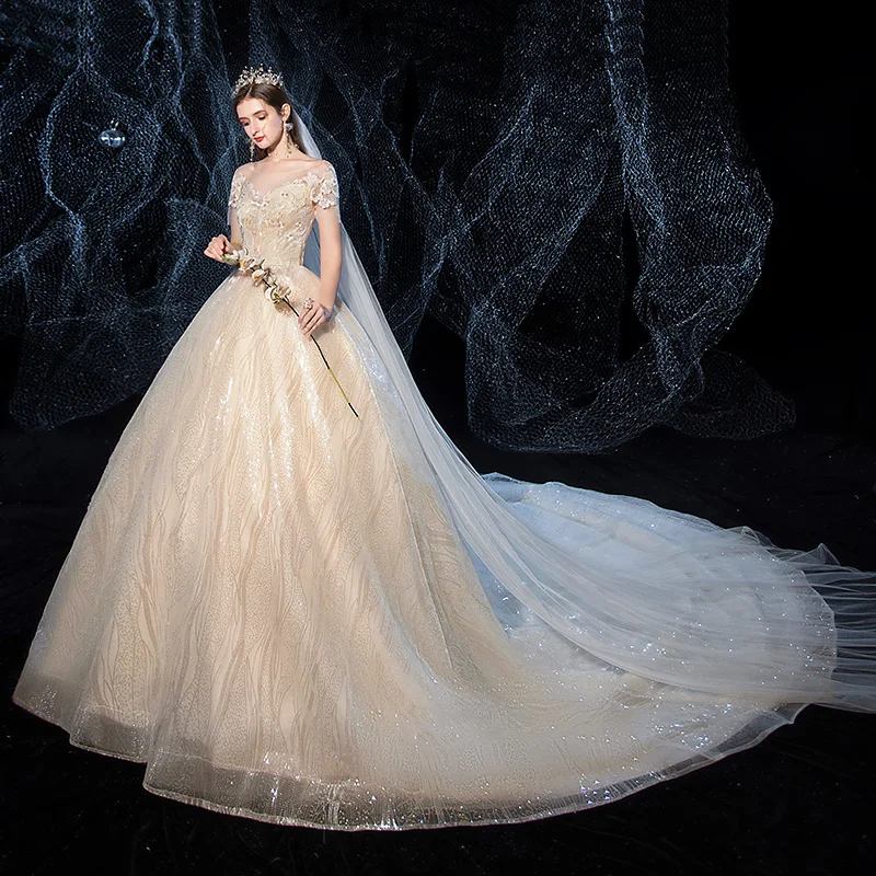 Wedding Dress Luxury Sequins Champagne Court Train Ball Gown Princess Cut-out Dresses Vestido De Noiva Custom Size | Свадьбы и