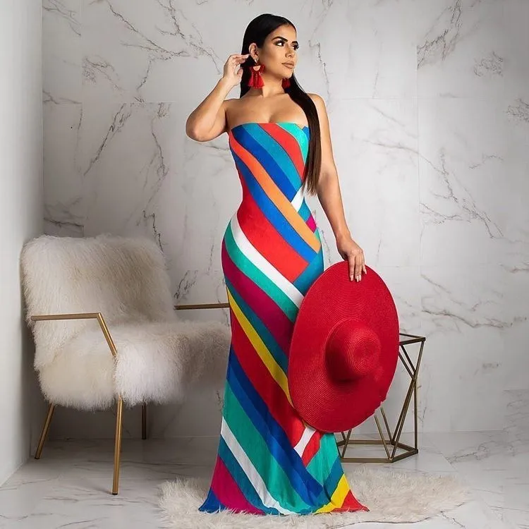 Fashion 2019 New Women Colorful Striped Strapless Bodycon Sheath Maxi Dress Sleeveless Beach Party Club Long Dresses | Женская одежда