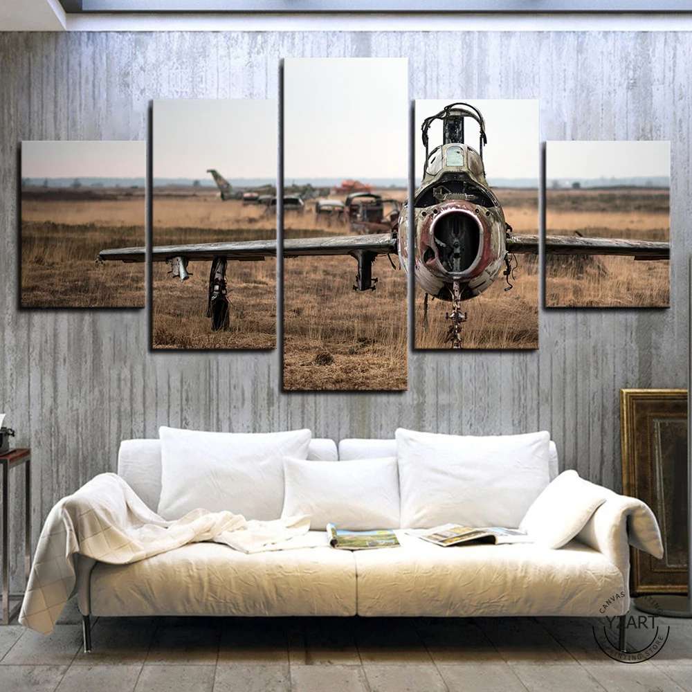 

5pcs Retro Dilapidated Aircraft Poster Picture Oil Paintings Vehicle Aircraft Canvas Wall Art for Living Room Wall Decor