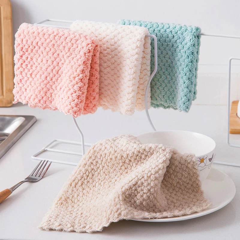Pineapple Grid Coral Fleece Cloth Kitchen Cleaning Cloth Soft Microfiber Cloth Non-stick Oil Fast Drying