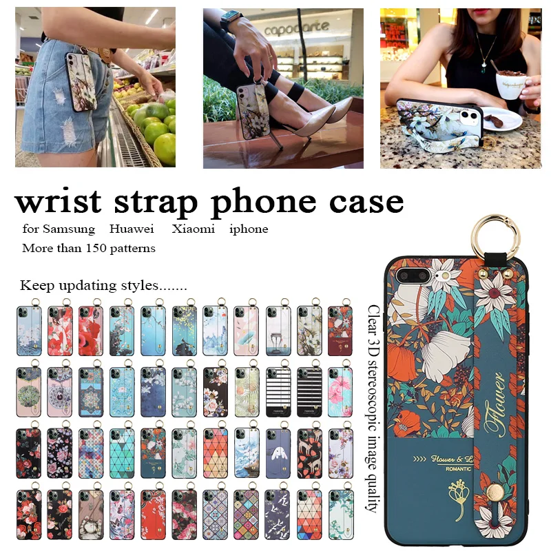 for oppo a5 a9 2020 a54 case luxury 3d emsboss flower wrist strap phone holder cover for realme 8 pro reno 6 5 pro soft tpu capa free global shipping