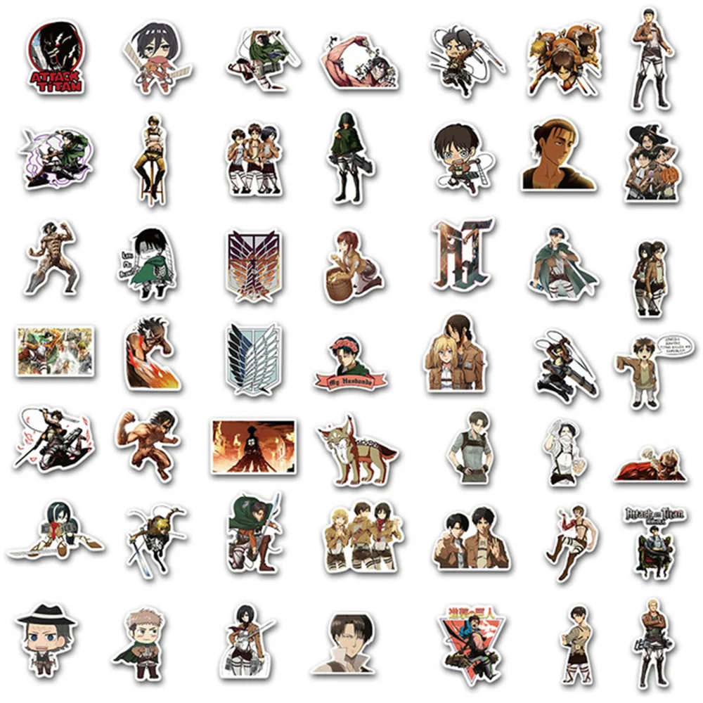 Pegatina de Anime Attack Titan para ordenador port&aacute;til, 10/30 / 50 Uds., pegatinas impermeables para motocicleta, equipaje, Skateboard y bicicleta, venta al por mayor-4