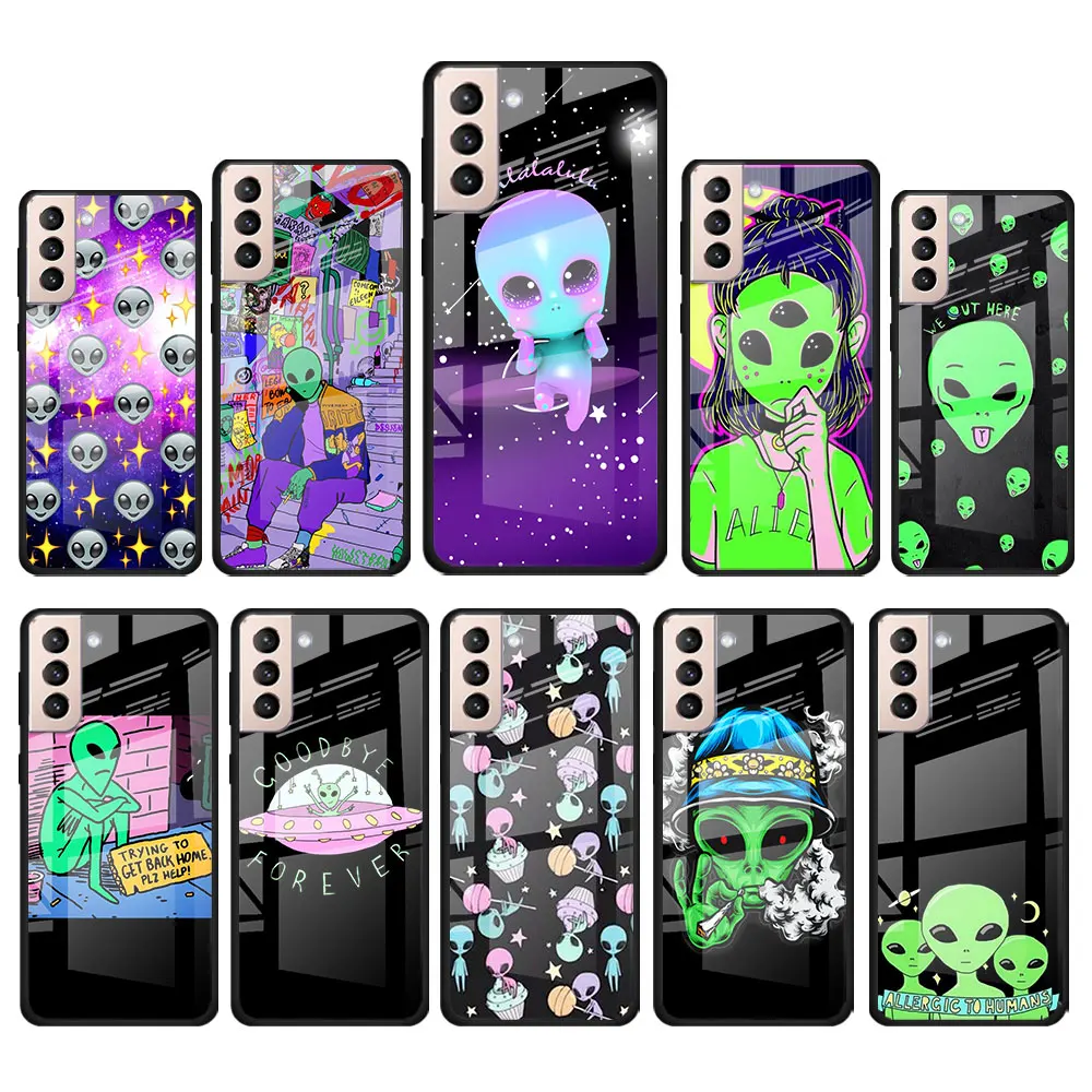 

Cartoon Space Alien for Samsung Galaxy S21 Ultra Plus A72 A52 4G 5G M51 M31 M21 Luxury Tempered Glass Phone Case Cover