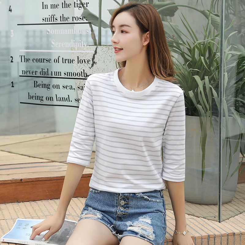 Женская Полосатая футболка с круглым вырезом хлопок короткий рукав повседневная