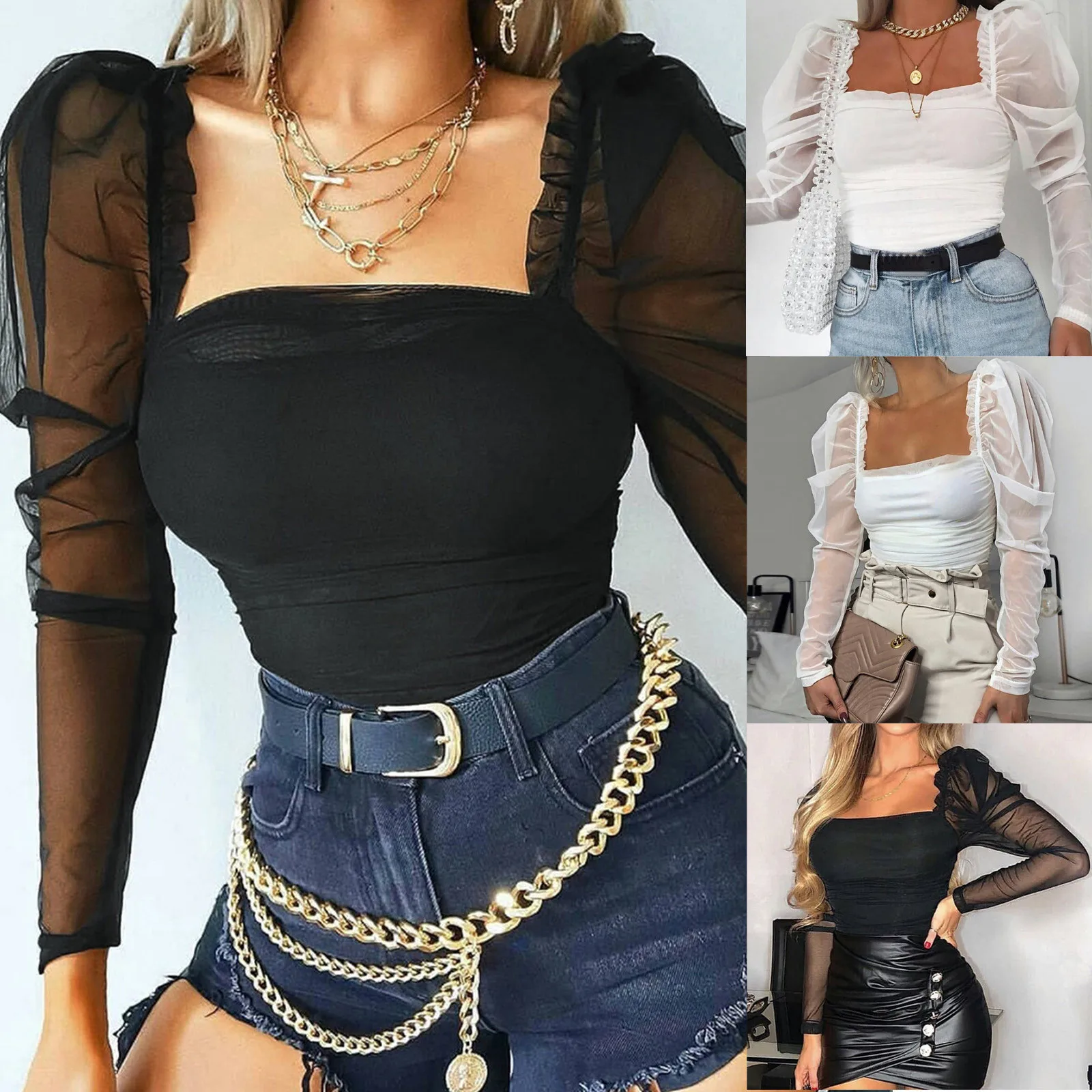 

Блузка женская сетчатая, с квадратным вырезом и пышными рукавами, 2021