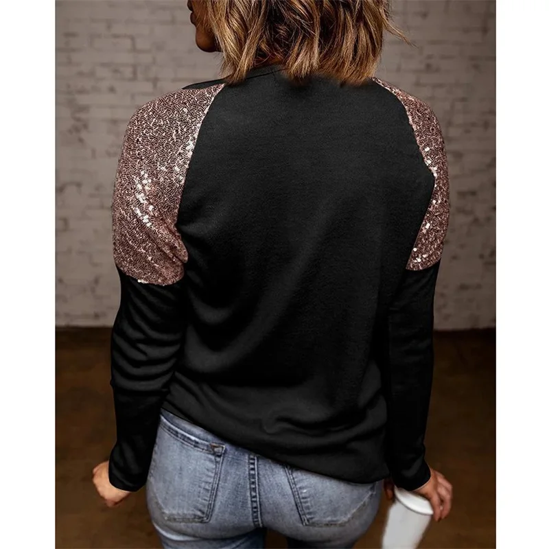 

2021 Spring Long Sleeve T-shirt Patchwork Sequins Women Loose Casual Shirts Elegant Ladies Streetwear Tees Top Blusas Mujer