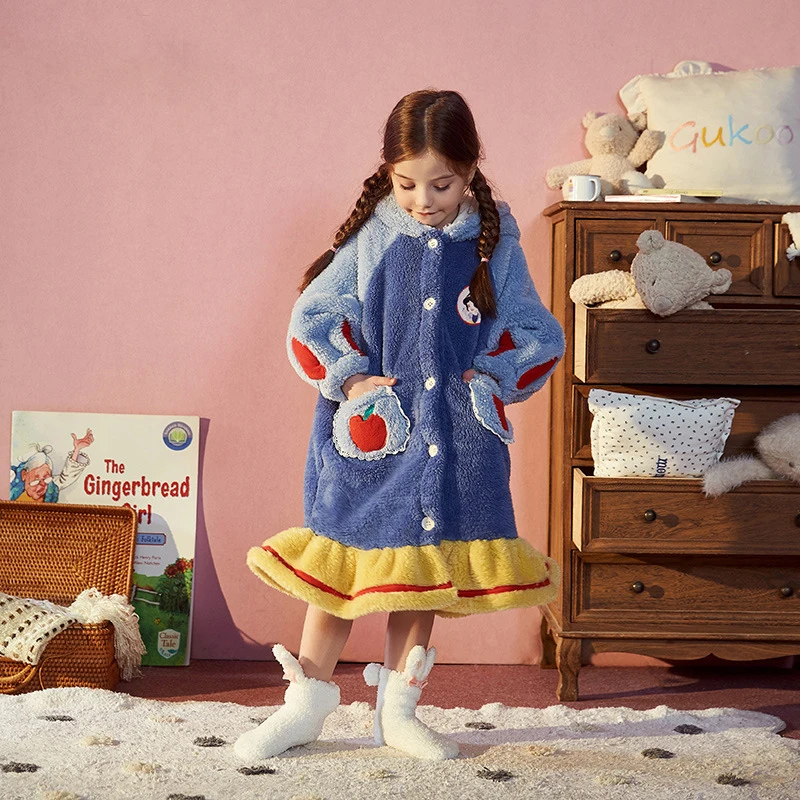 

Girl Kids Long Sleeve Hooded Flannel Nightgowns Night Dress Sleepwear Cute Princess Coral Fleece Blanket