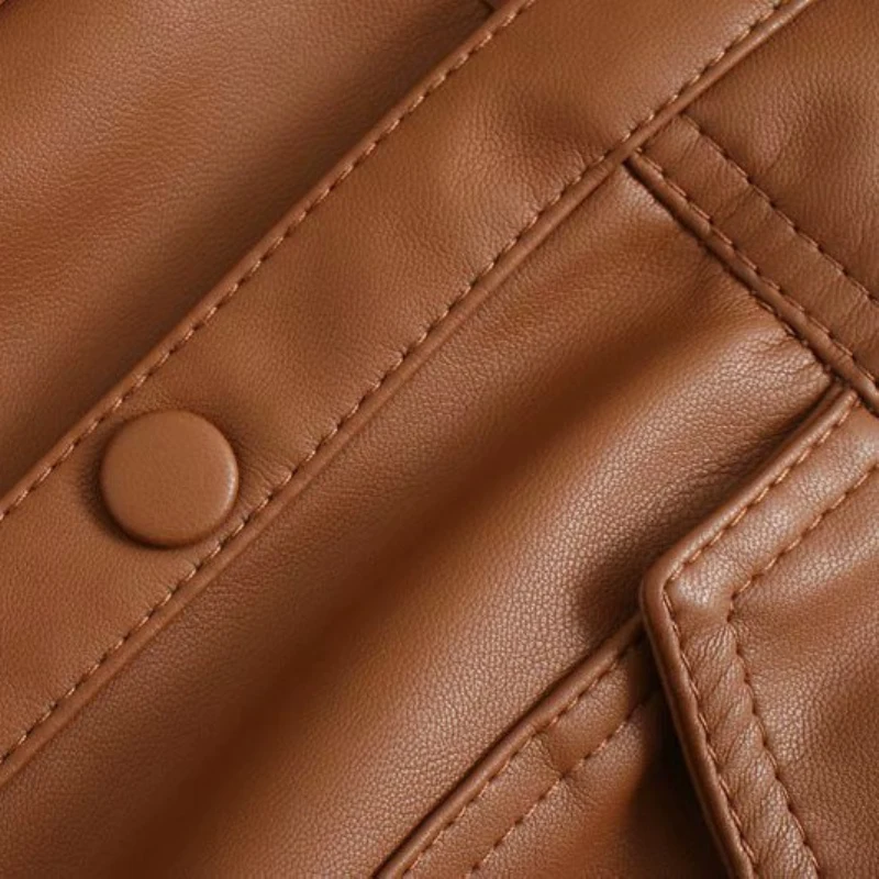 2021 Fashion Ladies Shirt Jacket Vintage Woman PU Sashes Autumn Brown Turn Down Collar Outerwear Female Casual Long Coats