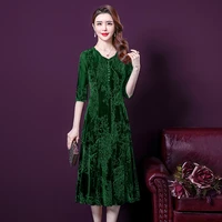 summer elastic bright silk women vestidos dresses print v neck sexy hollow out middle aged women clothes vintage dress 5xl green