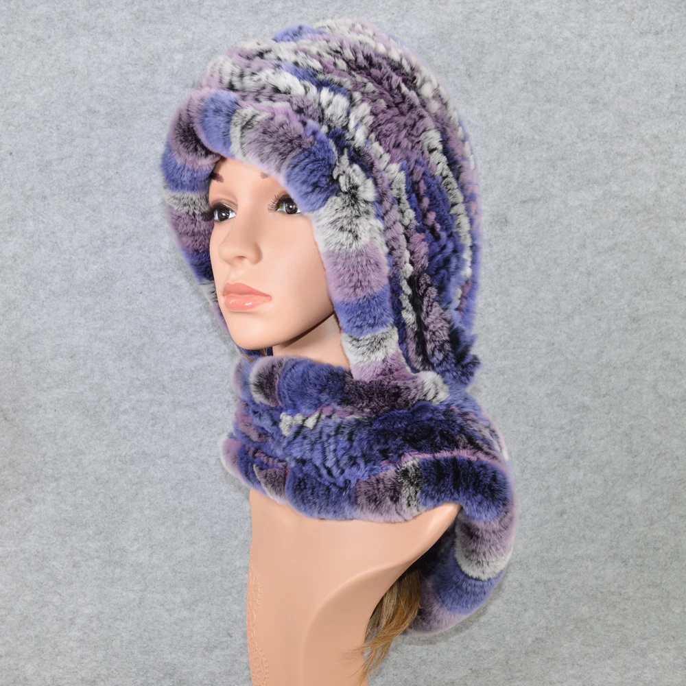 Женская зимняя вязаная шапка шарф из натурального меха кролика Рекс брендовая