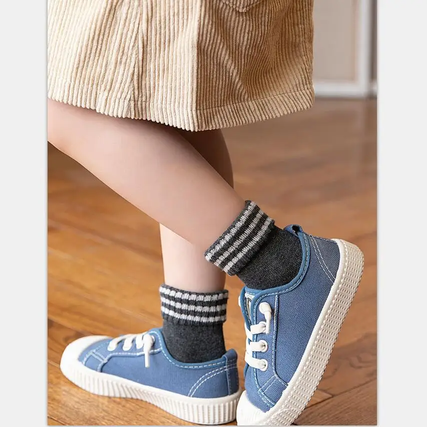 Kids Solid Striped Cotton Thick Crew Socks Folded Cuff Children Grey Knee-high Socks Ankle Socks Warm Winter Socks 5 Pairs/lot