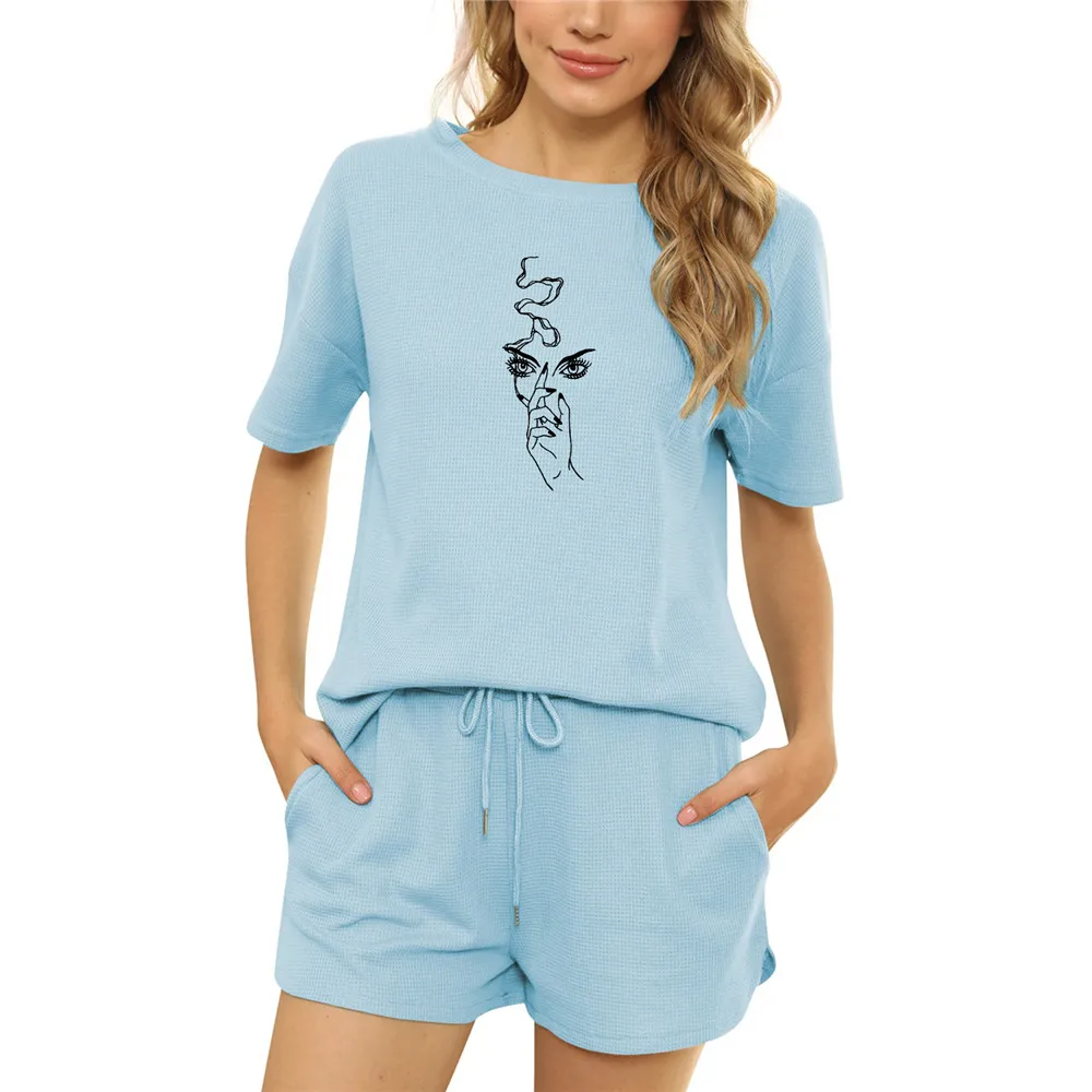 

Shorts Pullover Outfits Woman Summer Clothes 2021 Sets Sports Suit Summer Line Printed Pull Over Pajamas Cotton Two Piece Set