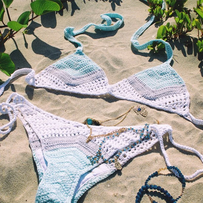 Хлопковый вязаный крючком Регулируемый треугольный комплект бикини для девочек