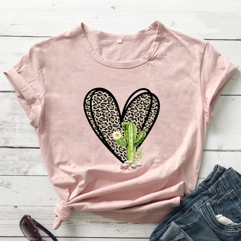 

В виде леопардовых сердец ко Дню Св кактус Цветной футболка Симпатичные завод к Рождеству Футболка модная Женская Графический Садоводство ...