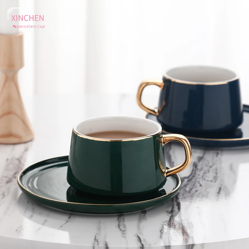 

European Ceramic Coffee Cup Classic Simple Pure Color Mug Set with Spoon Luxury High Value Afternoon Tea Gift with Souvenir