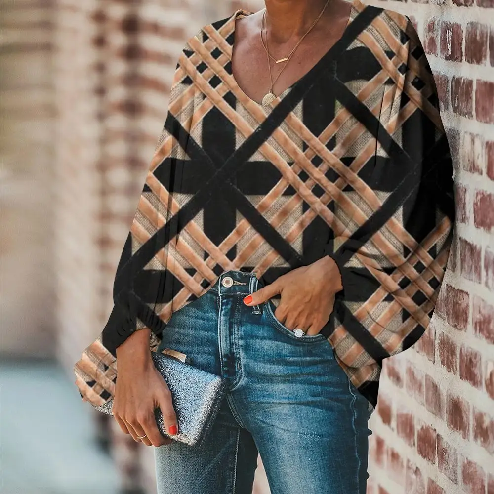 Женская блузка в полоску с цветочным принтом и V образным вырезом|Блузки| |