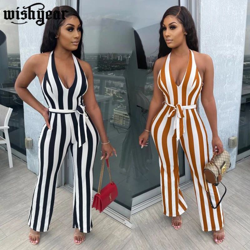 

Wishyear Women Jumpsuits Rompers Casual Striped Print Deep V-neck Sashes Overalls Jumpsuit Sleeveless Slim Flares Jumpsuit 2020