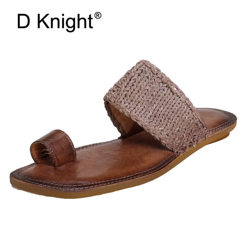 Женские шлепанцы из натуральной кожи винтажные сандалии на плоской подошве с