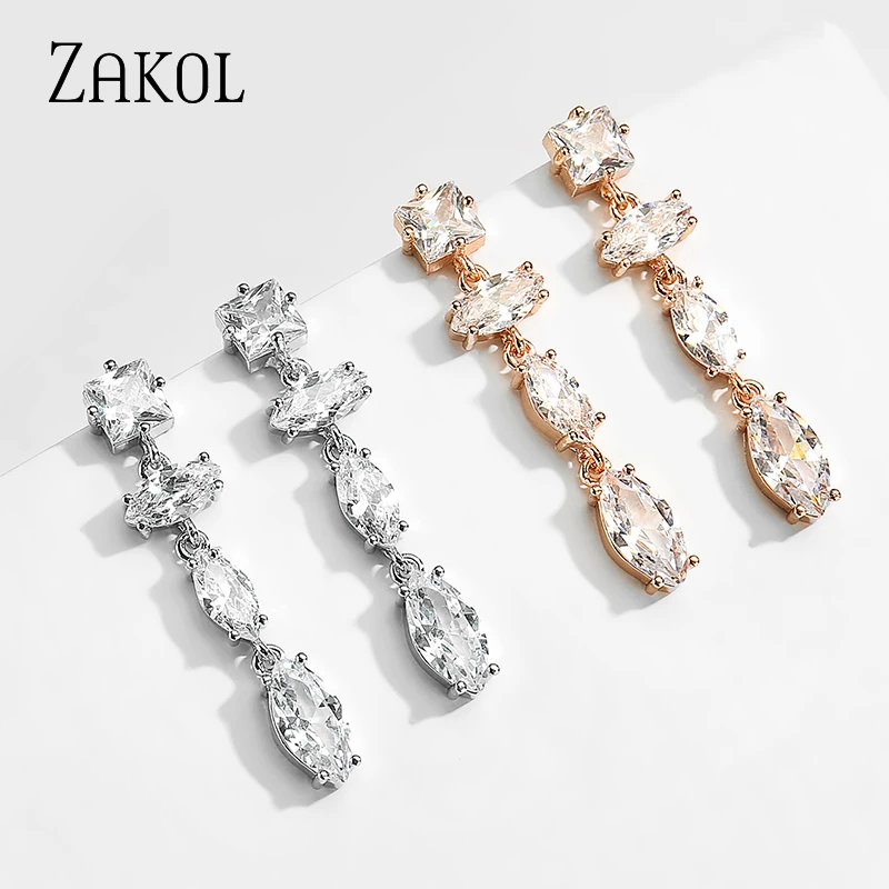 ZAKOL Изысканный свадебный дизайн Маркиза резка длинные висячие серьги фианиты
