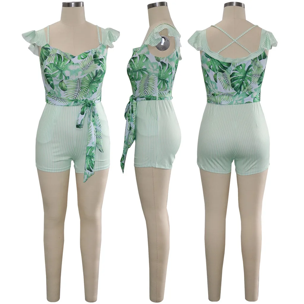 

Qm4247 2021 summer and autumn European American women's suspender with ruffle stripe printing sexy Jumpsuit available at nig