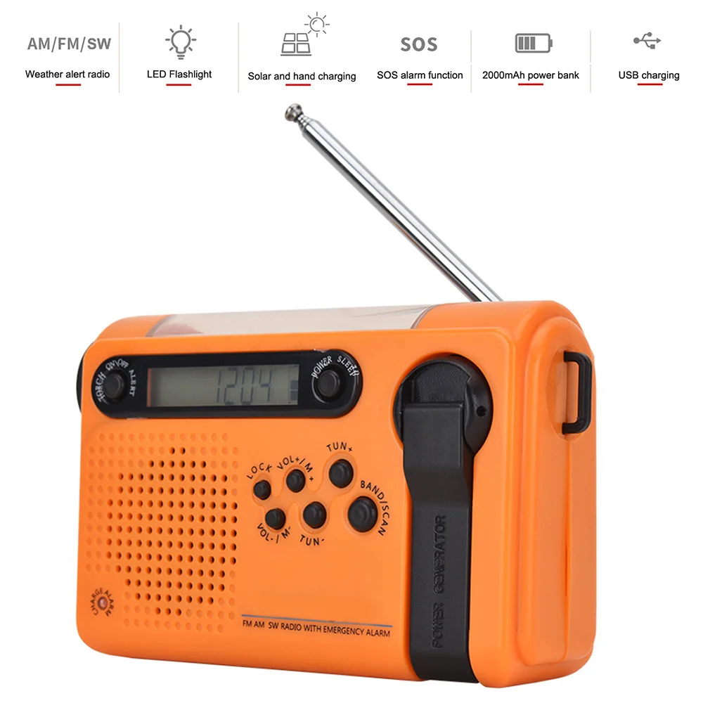 Beli Radio Cuaca Darurat Baterai 2000MAh Engkol Tangan Surya Portabel Radio LED/FM/AM/SW Untuk Bertahan Hidup Luar Ruangan Darurat Rumah Tangga
