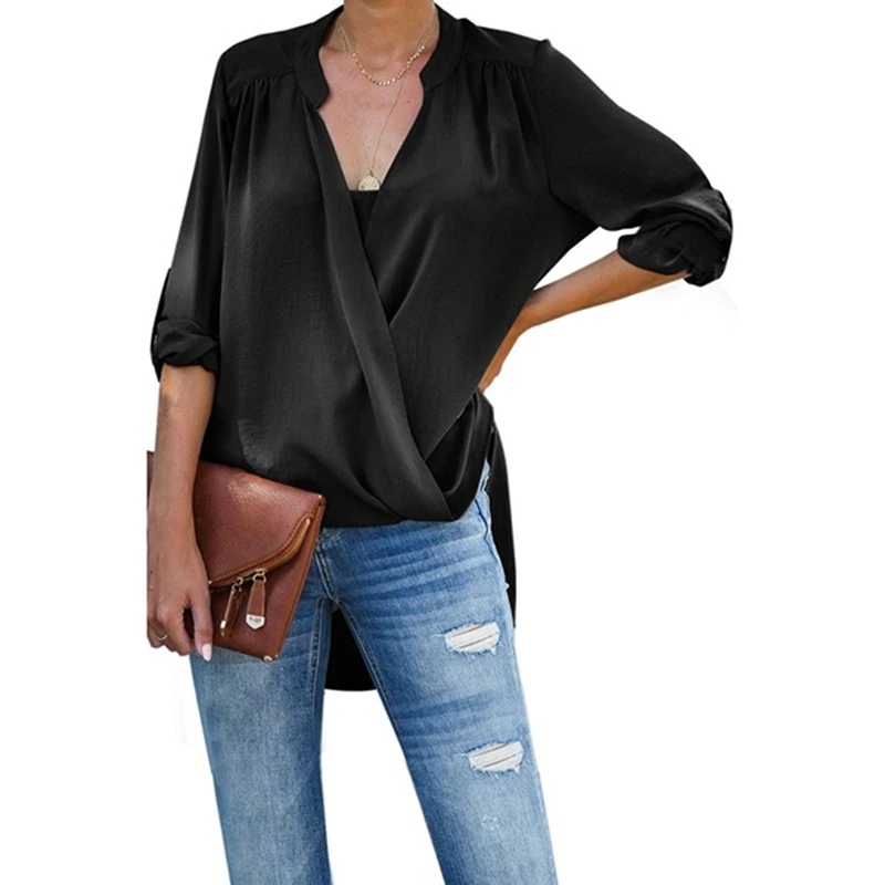 

Блузка женская с V-образным вырезом, повседневная Однотонная рубашка с длинным рукавом, свободного покроя, модель 2020