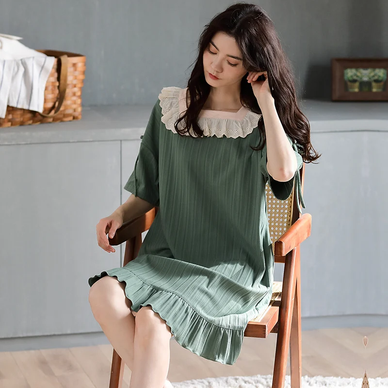

Women Lolita Dress Princess Sleepshirts Vintage Lace Green Nightgowns Plus Size Cotton Summer Nightdress Leisure Girls Sleepwear