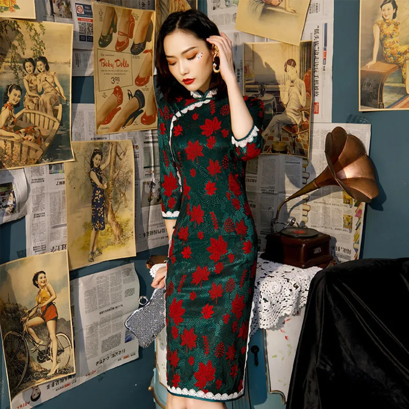 SHENG COCO винтажное кружевное современное Ципао Cheongsam платья зеленый красный кленовый лист с длинным рукавом современный Ципао Cheongsam китайская женщина Qi