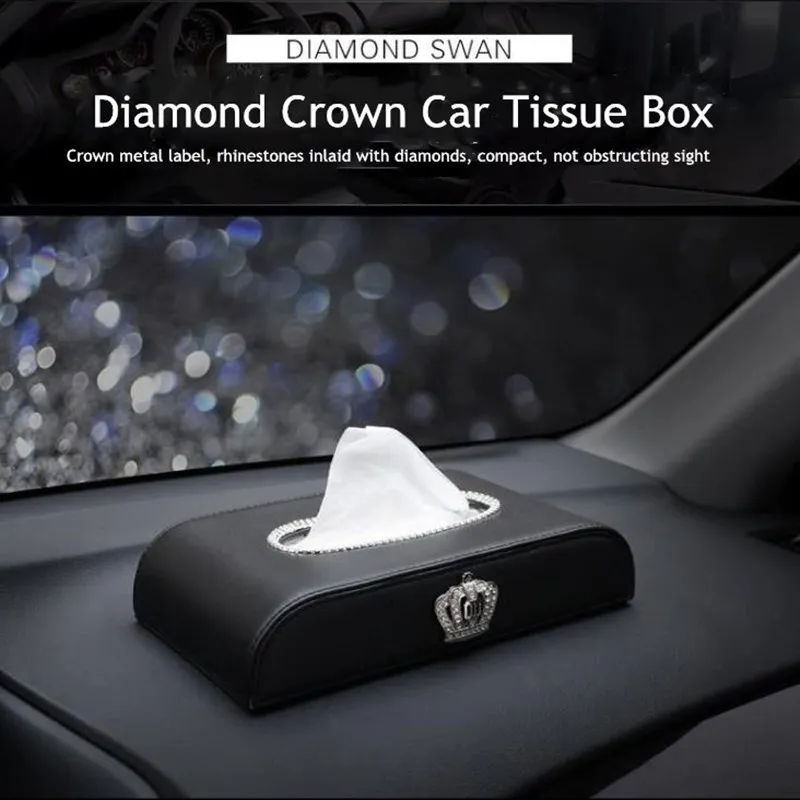 

Fashion Crown Crystal Car Tissue Box Sun Visor Leather Car Tissue Bag Sunvisor Hanging Holder Case Napkin Car Accessories