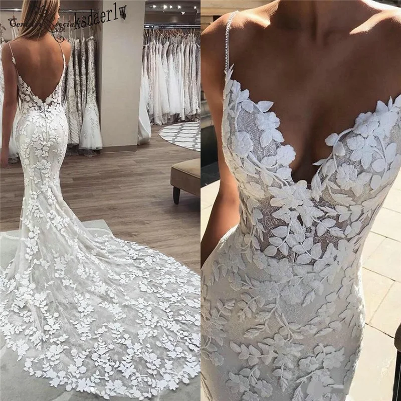 

Boho Wedding Dresses Mermaid Bridal Dress 2021 Spaghetti Straps Backless Lace Appliques Bohemian Bride Gowns Vestido De Noiva